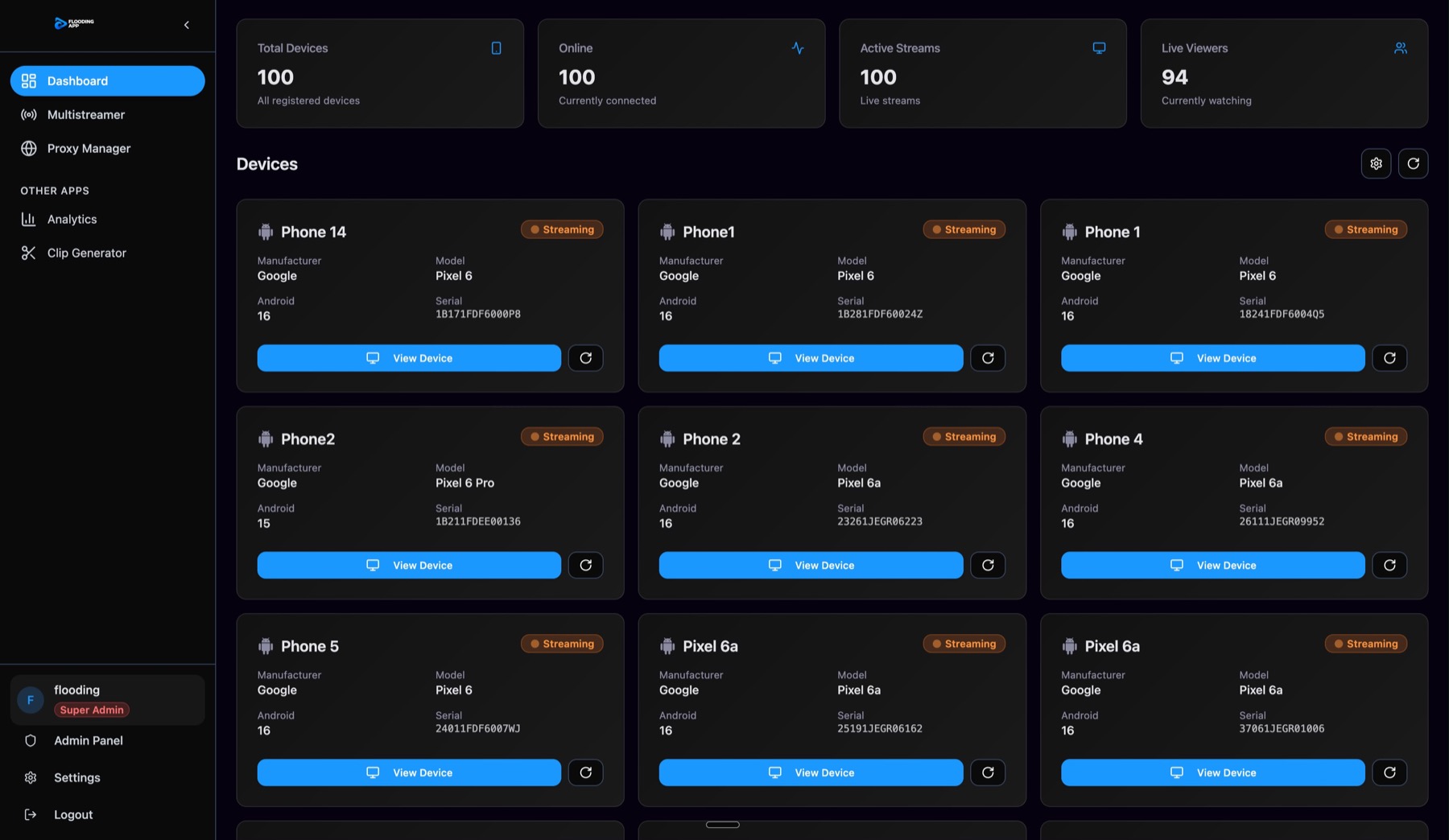Hegemonic device dashboard showing active streams and live devices